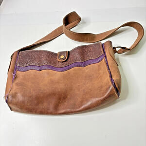Handmade Brown & Purple Distressed Tooled Leather Bag Purse Boho Western Cowgirl